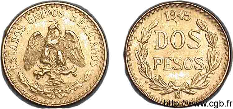 MEXIQUE - RÉPUBLIQUE 2 pesos or 1945 Mexico, M° EBC 