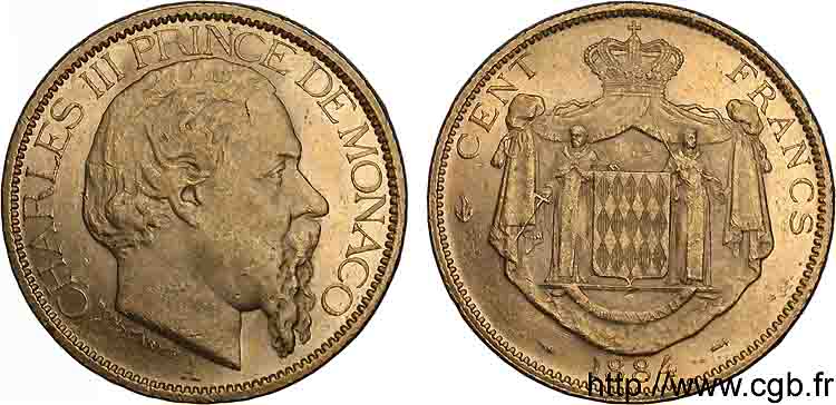 MONACO - PRINCIPALITY OF MONACO - CHARLES III 100 francs or 1884 Paris XF 