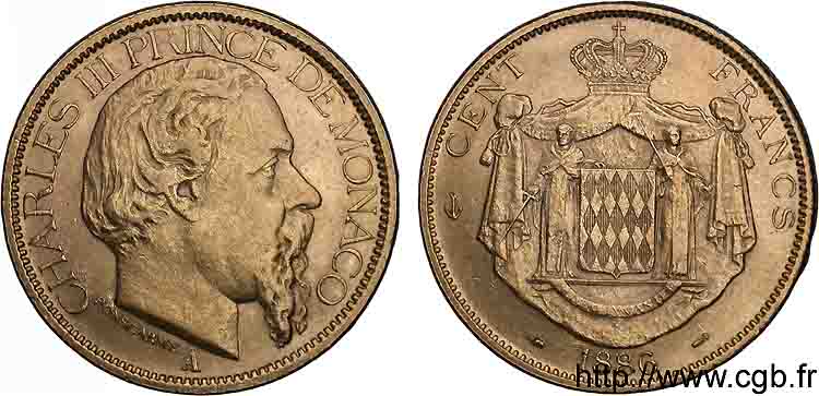MONACO - PRINCIPAUTÉ DE MONACO - CHARLES III 100 francs or 1886 Paris BB 