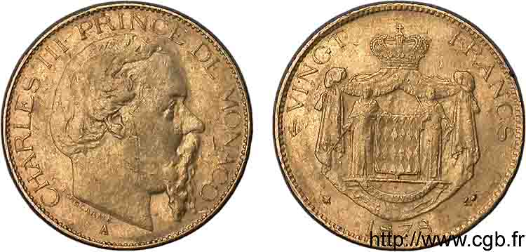 MONACO - PRINCIPAUTÉ DE MONACO - CHARLES III 20 francs or 1878 Paris VF 