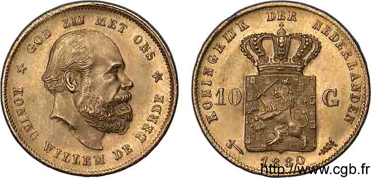 PAYS BAS - ROYAUME DE HOLLANDE - GUILLAUME III 10 guldens or ou 10 florins 2e type 1880 Utrecht MS 