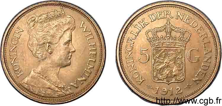 PAYS-BAS - ROYAUME DES PAYS-BAS - WILHELMINE 5 guldens or ou 5 florins 1912 Utrecht EBC 