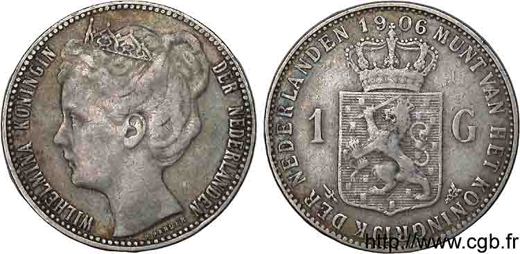NETHERLANDS - KINGDOM OF THE NETHERLANDS - WILHELMINA 1 guldens ou 1 florin, 2e type 1906 Utrecht XF 