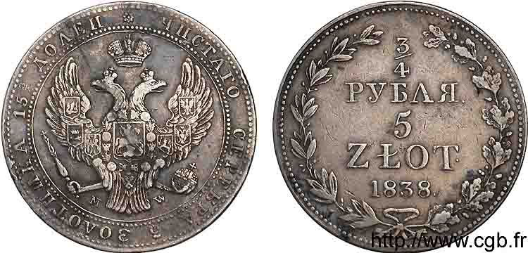 POLAND - KINGDOM OF POLAND - NICHOLAS I 5 zlote ou 3/4 rouble 1838 Varsovie XF 