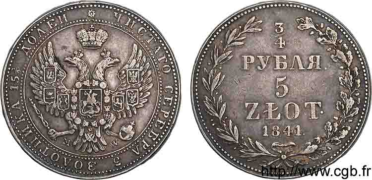 POLAND - KINGDOM OF POLAND - NICHOLAS I 5 zlote ou 3/4 rouble 1841 Varsovie XF 