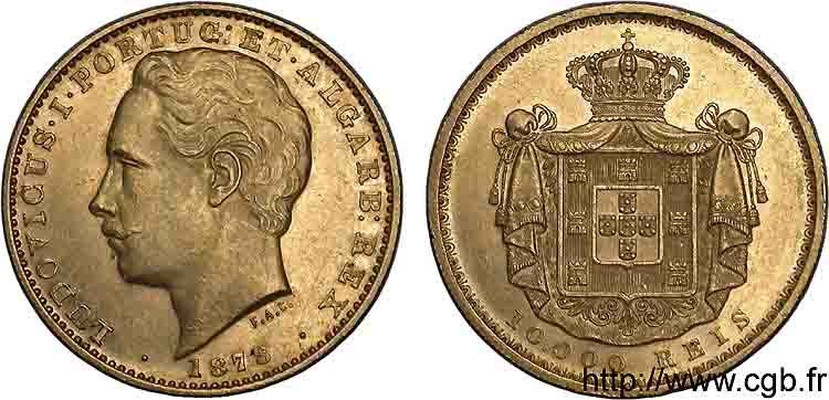 PORTUGAL - ROYAUME DU PORTUGAL - LOUIS Ier 10000 reis ou couronne d or (coroa) 1878 Lisbonne VZ 