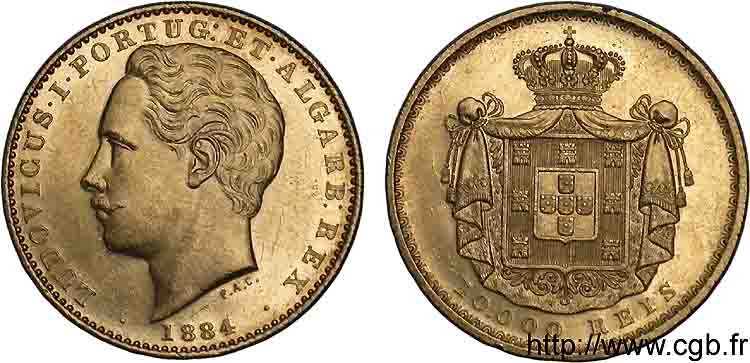 PORTUGAL - ROYAUME DU PORTUGAL - LOUIS Ier 10000 reis ou couronne d or (coroa) 1884 Lisbonne VZ 