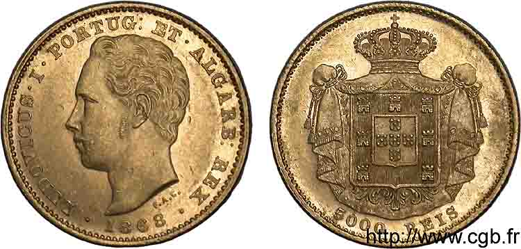 PORTUGAL - ROYAUME DU PORTUGAL - LOUIS Ier 5000 reis ou demi-couronne d or (1/2 coroa) 1868 Lisbonne VZ 