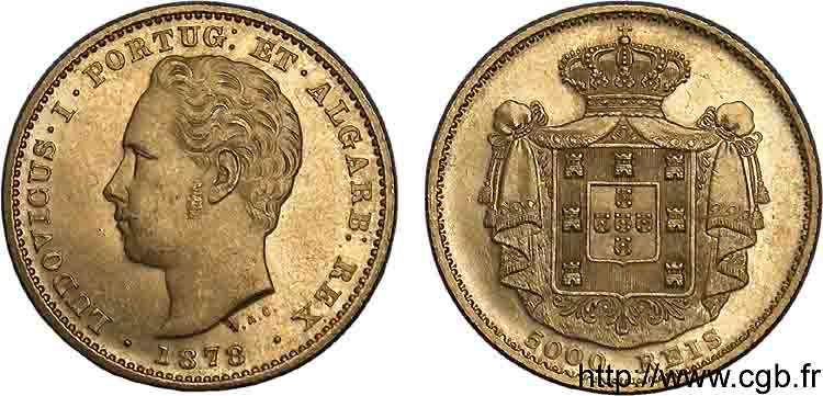 PORTUGAL - ROYAUME DU PORTUGAL - LOUIS Ier 5000 reis ou demi-couronne d or (1/2 coroa) 1878 Lisbonne VZ 
