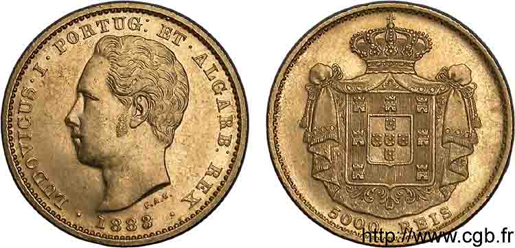 PORTUGAL - ROYAUME DU PORTUGAL - LOUIS Ier 5000 reis ou demi-couronne d or (1/2 coroa) 1883 Lisbonne VZ 