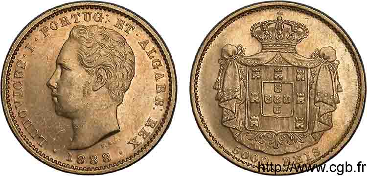 PORTUGAL - ROYAUME DU PORTUGAL - LOUIS Ier 5000 reis ou Demi-couronne d or (1/2 coroa) 1888 Lisbonne EBC 