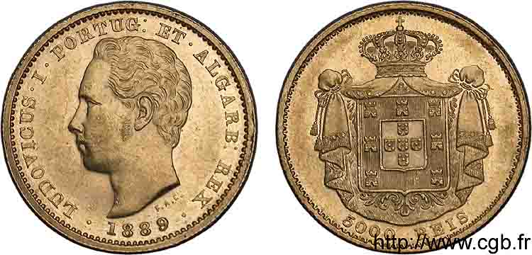 PORTUGAL - ROYAUME DU PORTUGAL - LOUIS Ier 5000 reis ou Demi-couronne d or (1/2 coroa) 1889 Lisbonne EBC 