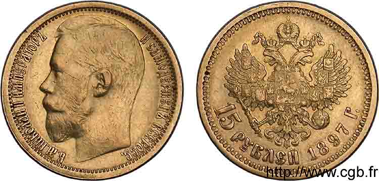 RUSIA - NICOLÁS II 15 roubles or, (40 francs or), grosse tête 1897 Saint-Pétersbourg MBC 