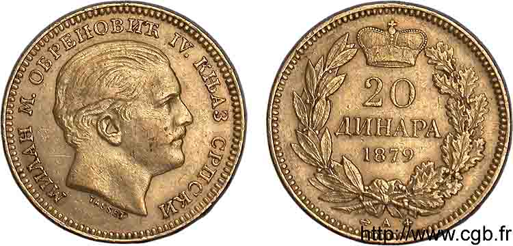 ROYAUME DE SERBIE - MILAN IV OBRÉNOVITCH 20 dinara en or 1879 Paris XF 