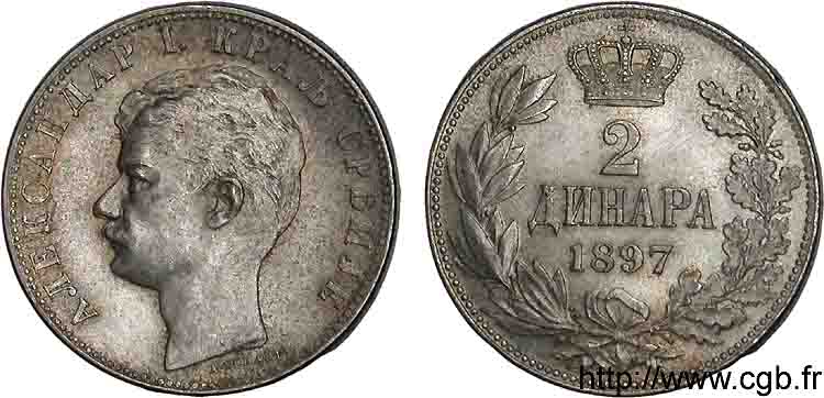 KINGDOM OF SERBIA - ALEXANDER OBRENOVIC 2 dinara 1897  AU 