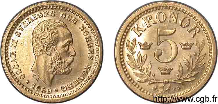 SUÈDE - ROYAUME DE SUÈDE - OSCAR II 5 kronor 1899 Stockholm MS 