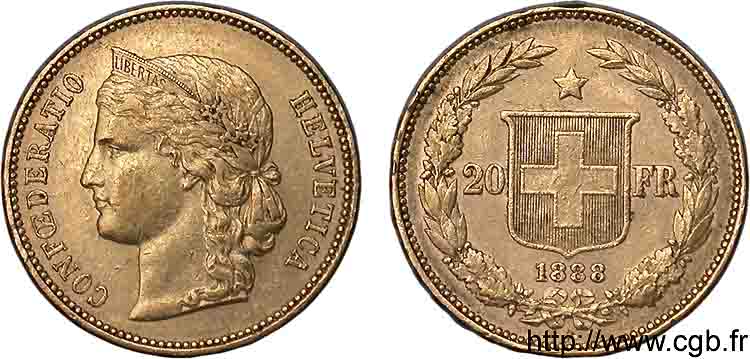 SWITZERLAND - HELVETIC CONFEDERATION 20 francs or 1888 Berne XF 