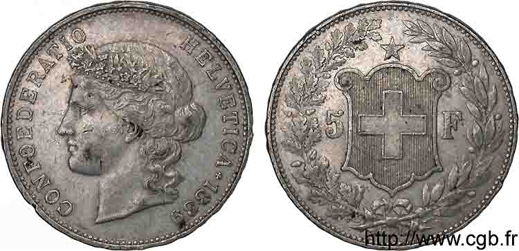 SWITZERLAND - HELVETIC CONFEDERATION 5 francs 1889 Berne BB 