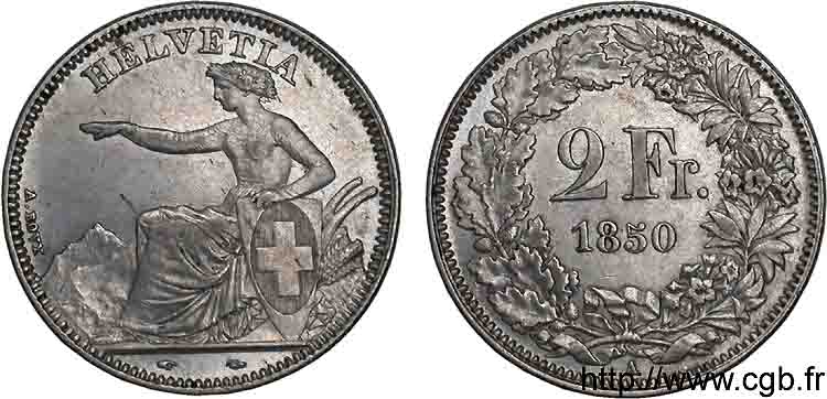 SWITZERLAND - HELVETIC CONFEDERATION 2 francs 1850 Paris XF 