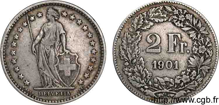 SWITZERLAND - CONFEDERATION OF HELVETIA 2 francs 1901 Berne XF 