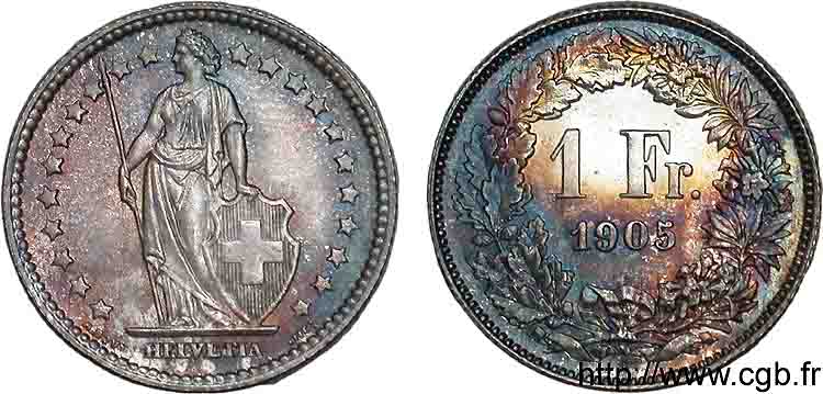 SWITZERLAND - CONFEDERATION OF HELVETIA 1 franc 1905 Berne MS 