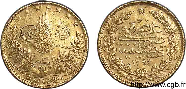 TURQUIE - SULTAN ABDOUL HAMID II 50 Piastres en or (50 Kurush) AH 1293, An 32 = 1907 Constantinople SS 