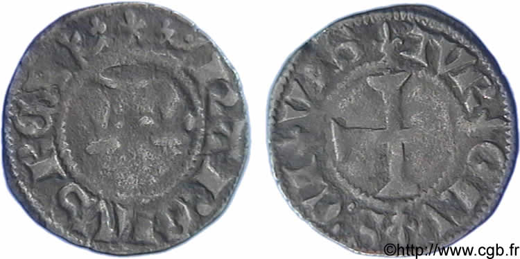 CHARLES VI  THE MAD  OR  THE WELL-BELOVED  Denier tournois n.d.  VF