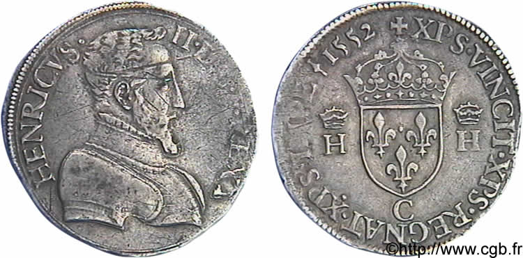 HENRY II Teston à la tête nue, 1er type 1552 Saint-Lô XF