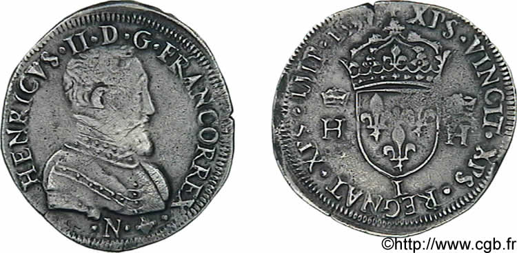 HENRY II Teston à la tête nue, 1er type 1557 Bayonne VF/XF