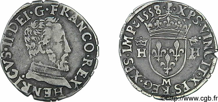 HENRI II Demi-teston à la tête nue, 5e type 1558 Toulouse TTB