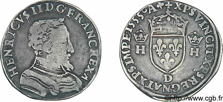HENRY II Demi-teston à la tête nue, 1er type 1555 Lyon BC+/MBC