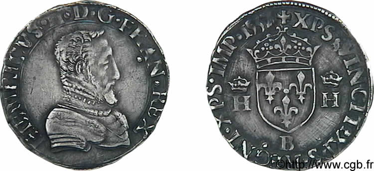 HENRI II Demi-teston à la tête nue, 1er type 1557 Rouen TTB