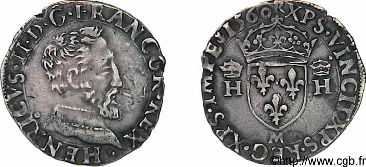 FRANCIS II. COINAGE AT THE NAME OF HENRY II Demi-teston à la tête nue, 5e type 1560 Toulouse AU