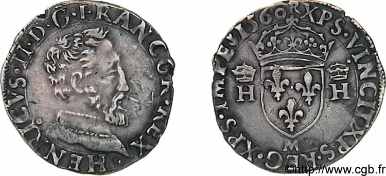 FRANÇOIS II. MONNAYAGE AU NOM D HENRI II Demi-teston à la tête nue, 5e type 1560 Toulouse TTB+