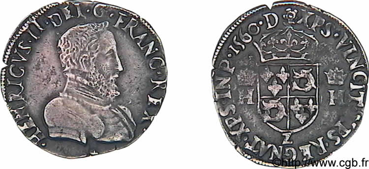 FRANÇOIS II. MONNAYAGE AU NOM D HENRI II Demi-teston du Dauphiné à la tête nue 1560 Grenoble TTB