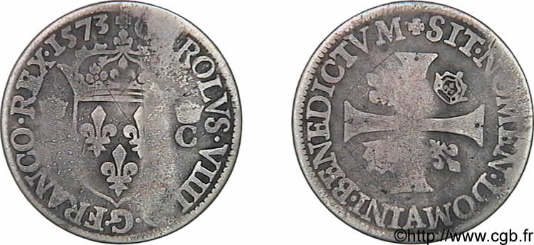 CHARLES IX Piéfort du douzain aux deux C, 1er type 1573 Paris, Moulin des Étuves BC+