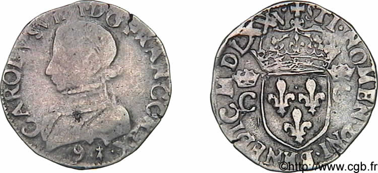 HENRY III. COINAGE IN THE NAME OF CHARLES IX Demi-teston, 2e type 1575 (MDLXXV) Rennes VF/VF