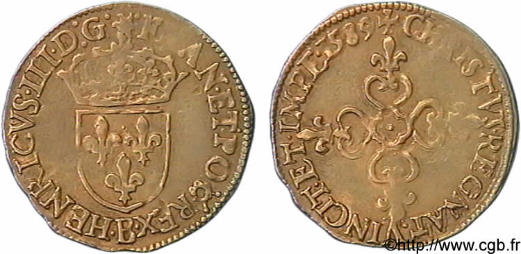 HENRI III Écu d or au soleil, 3e type 1589 Rouen TTB