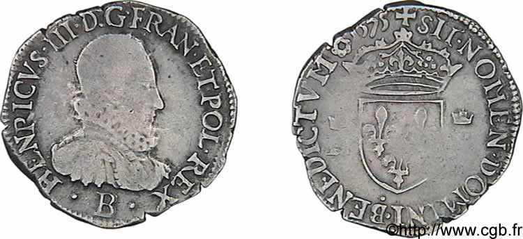 HENRY III Demi-teston, 3e type, col fraisé 1575 Rouen fSS/SS