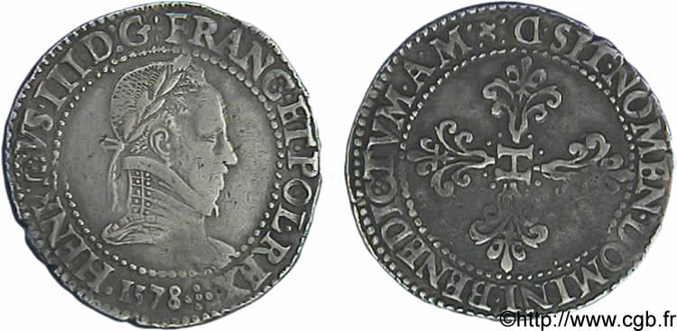 HENRY III Franc au col plat 1578 Lyon XF