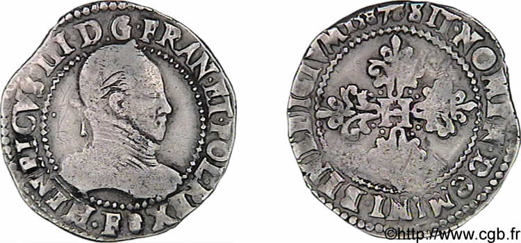 HENRI III Demi-franc au col gaufré 1587 Angers TB+