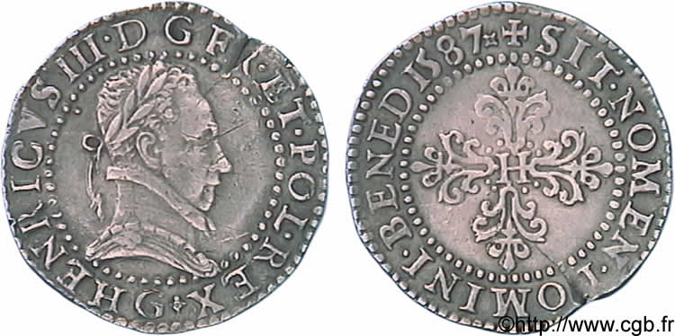 HENRY III Demi-franc au col plat 1587 Poitiers XF/AU