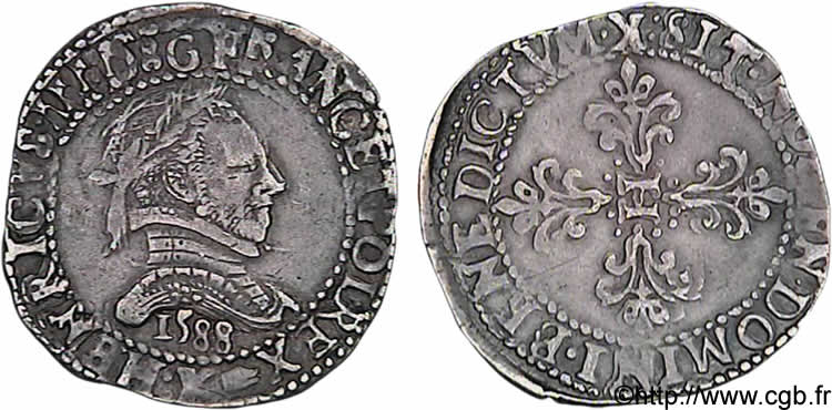 HENRY III Demi-franc au col plat 1588 Bordeaux XF