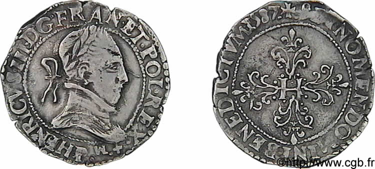 HENRY III Demi-franc au col plat 1587 Dijon XF/AU