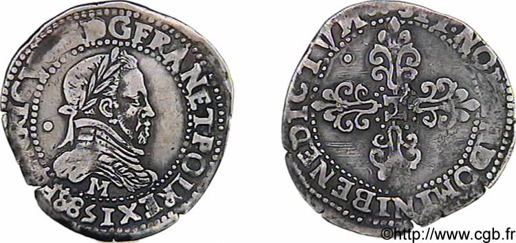 HENRY III Quart de franc au col plat 1588 Toulouse XF