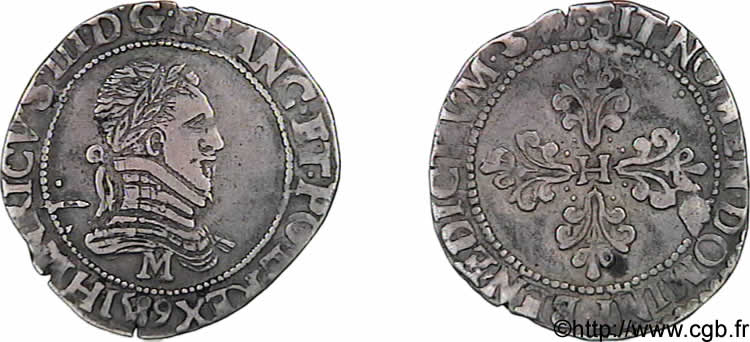 HENRY III Quart de franc au col plat 1589 Toulouse XF