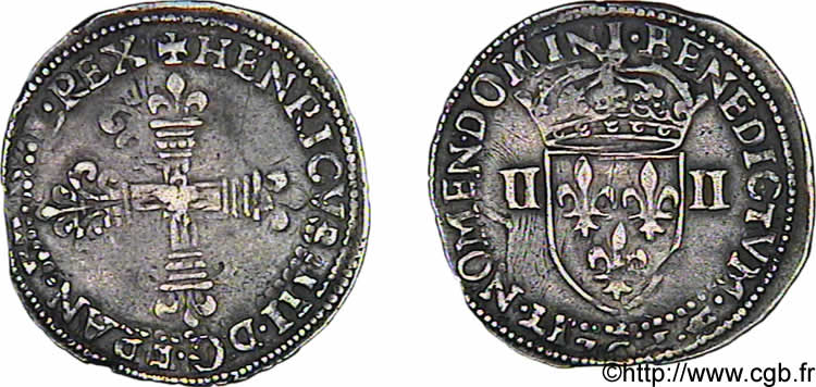 HENRI III Faux quart d écu, croix de face surfrappé sur un demi-franc au col plat n.d.  TTB+