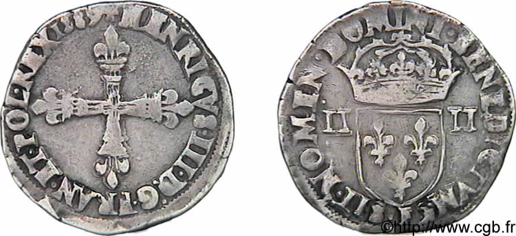 HENRI III Quart d écu, croix de face 1589 Angers TTB