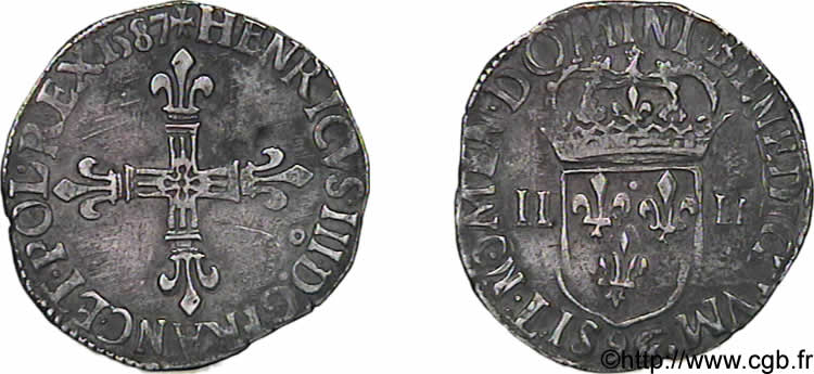 HENRI III Quart d écu, croix de face 1587 Rennes TTB