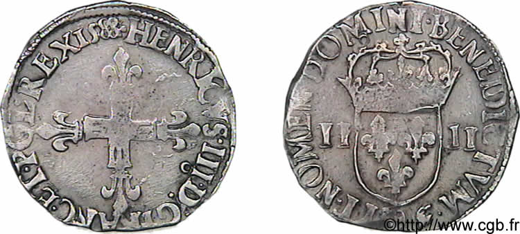 HENRI III Quart d&nbsp;écu, croix de face 1588 Rennes TTB